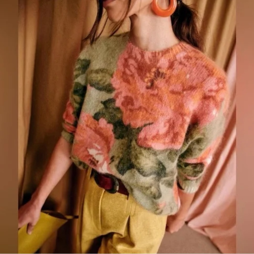 Sezane Floral Knit Sweater - Pink and Green